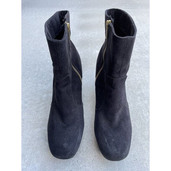 H&M Black Gold Side Zip Women's 3.5 Inch Wedge Heel Bootie Boot Shoe Size 9 - Picture 1 of 7